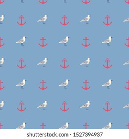 Seamless nautical pattern with anchors and seagulls. Sea concept backdrop