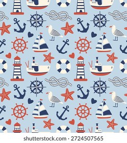 Curva náutica sem costura, com âncoras, gaivotas, veleiros, faróis, volantes, boias salva-vidas
cordas do mar e starfishes.Background em um estilo de desenho animado estilizado com formas simples, minimalistas. Fundo de conceito do mar.