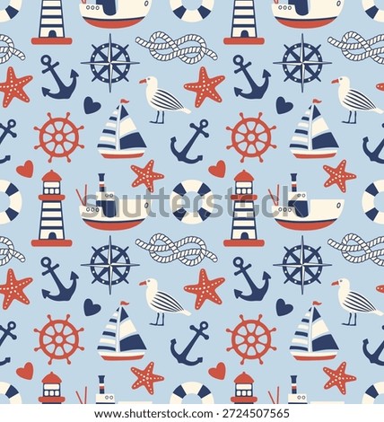 Seamless nautical pattern with anchors, seagulls, sailboats, lighthouses, steering wheels, lifebuoys,
sea ropes and starfishes.Background in a stylized cartoon style with simple, minimalistic shapes. Sea concept backdrop.