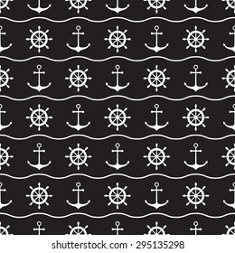 Seamless nautical pattern with anchors and ship wheels. Design element for wallpapers, baby shower invitation, birthday card, scrap booking, fabric print etc. 