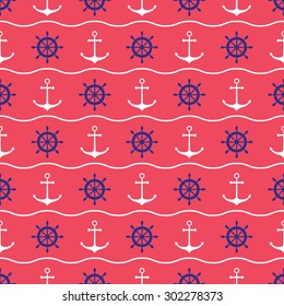 Seamless nautical pattern with anchors and ship wheels. Design element for wallpapers, web site background, baby shower invitation, birthday card, scrapbooking, fabric print etc. Vector illustration.