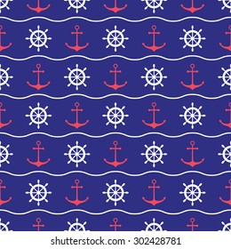 Seamless nautical pattern with anchors and ship wheels. Design element for wallpapers, web site background, baby shower invitation, birthday card, scrapbooking, fabric print etc. Vector illustration
