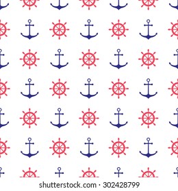 Seamless nautical pattern with anchors and ship wheels. Design element for wallpapers, web site background, baby shower invitation, birthday card, scrapbooking, fabric print etc. Vector illustration.