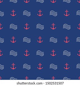 Seamless nautical pattern with anchors and waves. Sea concept backdrop. Vector illustration