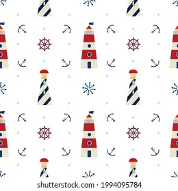 Seamless nautical pattern. Backgrounds with lighthouse, anchors and ship wheels.