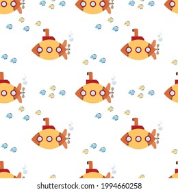 Seamless nautical pattern. Backgrounds with yellow submarine and fishes. Vector illustration.