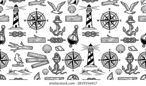 Seamless Nautical Pattern with Black and White Line Art Icons including Anchors, Lighthouses, Compass Roses, Seagulls, Seashells, and Driftwood Elements for Marine Themed Backgrounds