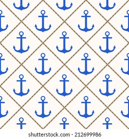 Seamless nautical pattern with blue anchors and rope on white background