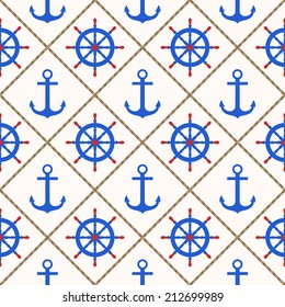 Seamless nautical pattern with blue anchors, wheels and rope on white background