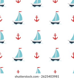 Seamless nautical pattern with boats and anchors on a white background