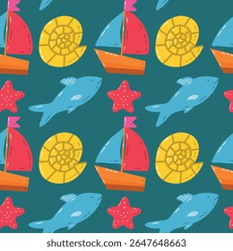 Padrão náutico contínuo com barcos, baleias, conchas e estrelas-do-mar. Um padrão colorido e lúdico sem costura apresentando elementos náuticos como barcos, baleias, estrelas-do-mar e conchas em um fundo azul-petróleo
