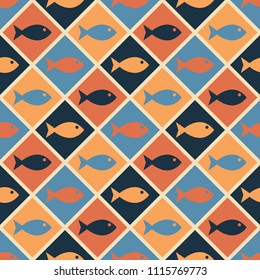 Seamless nautical pattern with cute fishes, vintage style