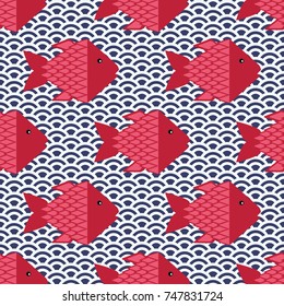 Seamless nautical pattern with cute fishes and wave background