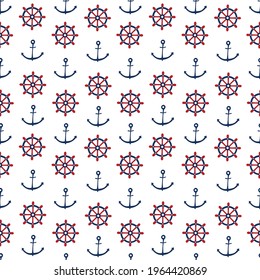 Seamless nautical pattern. Design elements for wallpaper, invitation, birthday card, scrapbooking, fabric, children textile. Backgrounds with anchors and ship wheels. Vector illustration.