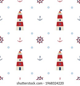 Seamless nautical pattern. Design elements for wallpaper, invitation, birthday card, scrapbooking, fabric, children textile. Backgrounds with lighthouse,  anchors and ship wheels. Vector illustration.
