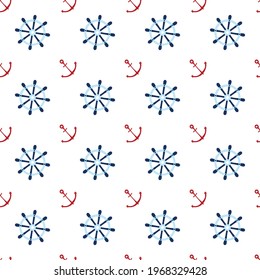 Seamless nautical pattern. Design elements for wallpaper, invitation, birthday card, scrapbooking, fabric, children textile. Backgrounds with anchors and ship wheels. Vector illustration.