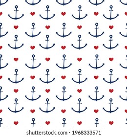 Seamless nautical pattern. Design elements for wallpaper, invitation, birthday card, scrapbooking, fabric, children textile. Backgrounds with anchors and hearts. Vector illustration.