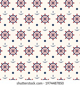 Seamless nautical pattern. Design elements for wallpaper, invitation, birthday card, scrapbooking, fabric, children textile. Backgrounds with anchors and ship wheels. Vector illustration.