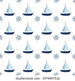 Seamless nautical pattern. Design elements for wallpaper, invitation, birthday card, scrapbooking, fabric, children textile. Backgrounds with ships and ship wheels. Vector illustration.