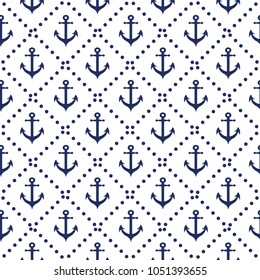 Seamless nautical pattern with diagonal lines anchor in navy colors background. Vector illustration. Endless summer vacation ocean template for wallpaper, web, fabric, textile, package design, wrap