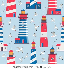 Seamless nautical pattern with different lighthouses and flying cute cartoon seagulls on water background. Marine print for fabric.