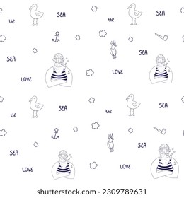 Seamless nautical pattern in doodle style. sailor with snorkel, seagull, lettering