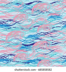 Seamless nautical pattern. Drawing strokes. Abstract waves on a blue background.
