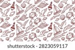 Seamless nautical pattern featuring black and white line art sailboats, seagulls, crabs, ocean waves, red buoys, driftwood, and seashells. Ideal for coastal branding and textile design.