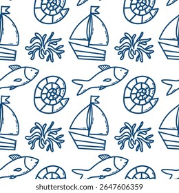 Seamless Nautical Pattern Featuring Boats, Fish, Shells, and Seaweed. A seamless pattern design showcasing nautical elements including boats, marine animals, seashells, and seaweed in an artistic hand