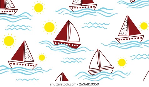 Seamless nautical pattern featuring charming sailboats on waves with yellow suns. Perfect for children's designs, maritime themes, and summer backgrounds
