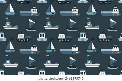 A seamless nautical pattern featuring different types of ships and boats in blue tones on a dark background. Perfect for maritime-themed designs and children’s product