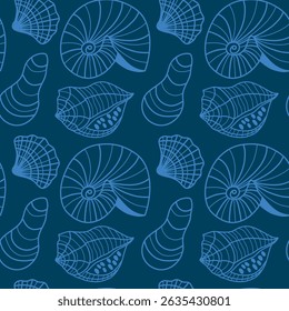 Seamless Nautical Pattern Featuring Diverse Shell Sketches on Dark Background. Marine-inspired seamless pattern showcasing elegant blue outlines of various shells against a dark backdrop. 
