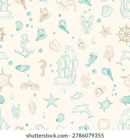 Seamless nautical pattern featuring hand-drawn marine elements: sailboat, seashells, shrimp, lobster, starfish, anchor, seahorse, jellyfish, coral, turtle, fish, and bubbles. Perfect for fabric prints wallpapers and coastal decor