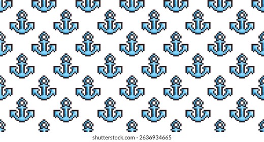 Seamless nautical pattern featuring repeating pixel anchors on a white background. Retro pixelated style perfect for summer, beach, or ocean designs. Great for games, prints, or textiles.