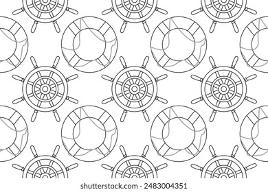 Seamless nautical pattern featuring ship wheels and lifebuoys. Ideal for maritime-themed coloring activities.