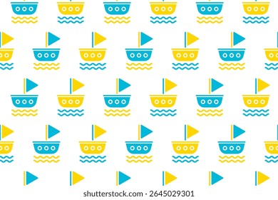 Seamless nautical pattern featuring ships and ocean waves in blue and yellow tones on a white background.