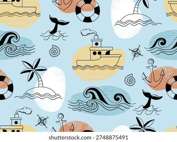 Seamless nautical pattern featuring ships, marine animals and sailing elements.
