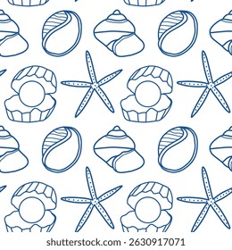 Padrão náutico sem costura com estrelas-do-mar e conchas em estilo azul Doodle. Um intrincado padrão azul mostrando estrelas-do-mar, conchas marinhas e elementos marinhos em um design sem costura, refletindo uma costa 