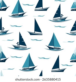 Seamless nautical pattern featuring stylized sailboats and gentle waves in blue tones. Ideal for branding, packaging, textiles, or promotional materials in coastal and travel-themed designs.