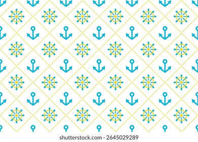 Seamless nautical pattern featuring yellow and blue anchors and ship helms separated by dashed diamond grids on white.