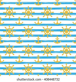 Seamless nautical pattern with glittering golden anchors and ship wheels on white black striped background. Design element for wallpapers, birthday card, fabric print etc. Vector illustration