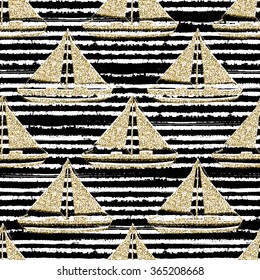 Seamless nautical pattern with gold glitter boats, for wrapping, wallpaper, textile