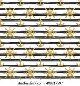 Seamless nautical pattern with golden anchors and ship wheels on white black striped background. Design element for wallpapers, birthday card, scrapbooking, fabric print etc. Vector illustration