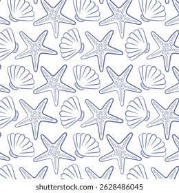 Seamless nautical pattern with hand drawn doodle starfish and seashells. Repeating marine design for summer textiles, beach packaging, wallpaper, and ocean-themed projects.