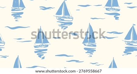 Seamless nautical pattern with hand drawn blue sailing boats and waves