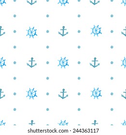 Seamless nautical pattern with hand painted watercolor anchors and wheel. Blue vector repeating texture. Background for greeting cards, invitations, kids design, branding.