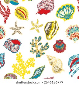 Seamless nautical pattern with hand painted shells and starfish in expressive style, textured lines and artistic coastal atmosphere for summer designs and fabrics.