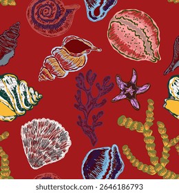 Seamless nautical pattern with hand painted shells and starfish in expressive style, textured lines and artistic coastal atmosphere for summer designs and fabrics.