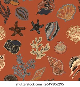 Seamless nautical pattern with hand painted shells and starfish in expressive style, textured lines and artistic coastal atmosphere for summer designs and fabrics.