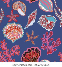 Padrão náutico contínuo com conchas pintadas à mão e estrelas-do-mar em estilo expressivo, linhas texturizadas e atmosfera costeira artística para desenhos e tecidos de verão.